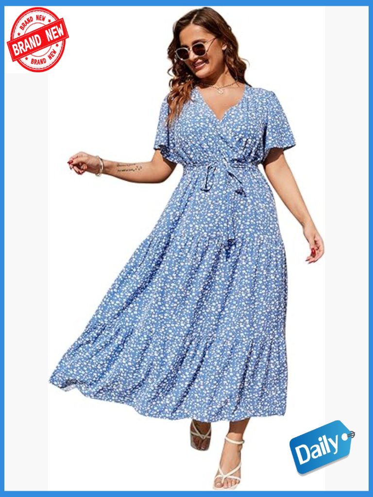 Plus Size V Neck Wrap Maxi Dress Short Sleeve High Waist Ruffle Summer Dress